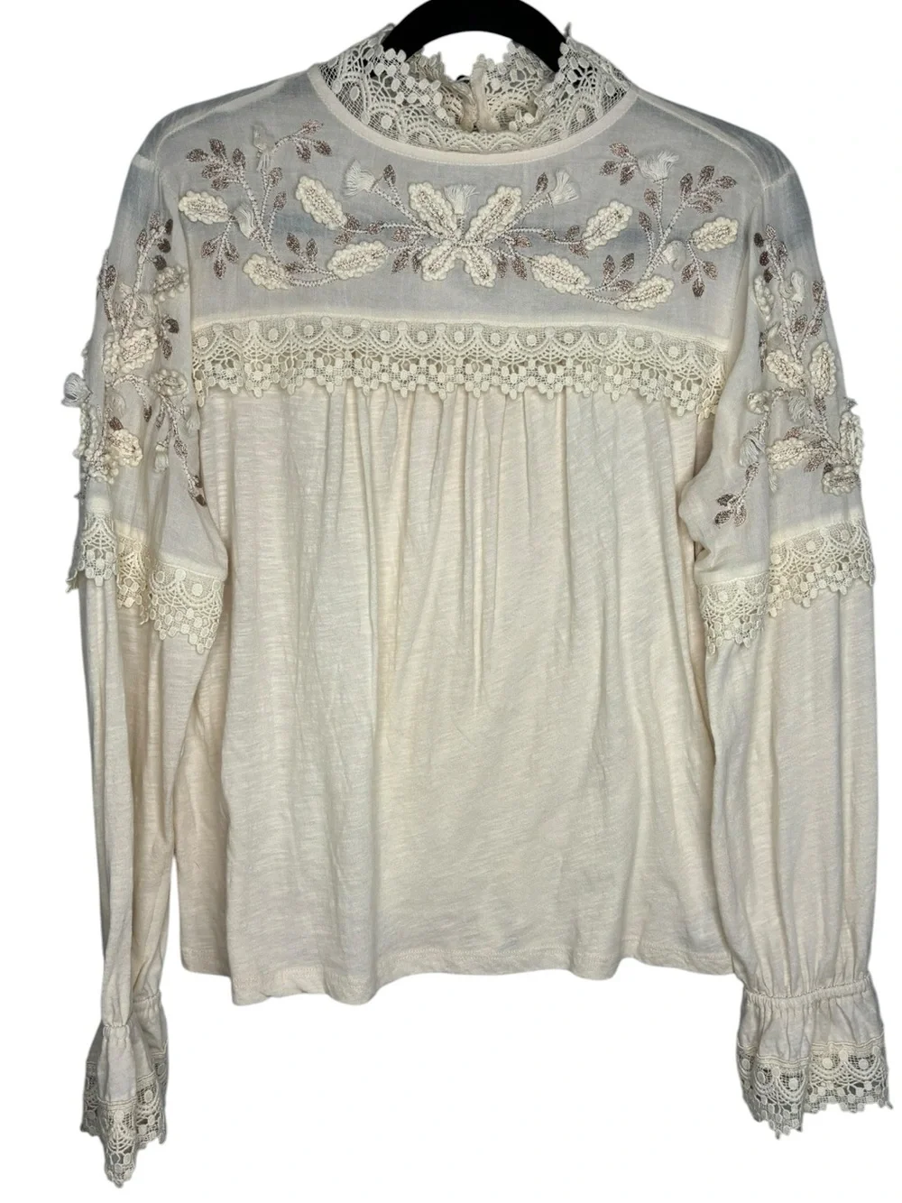 Anthropologie Jemma Cream Crochet Lace Romantic Blouse Size S Embellished Cotton